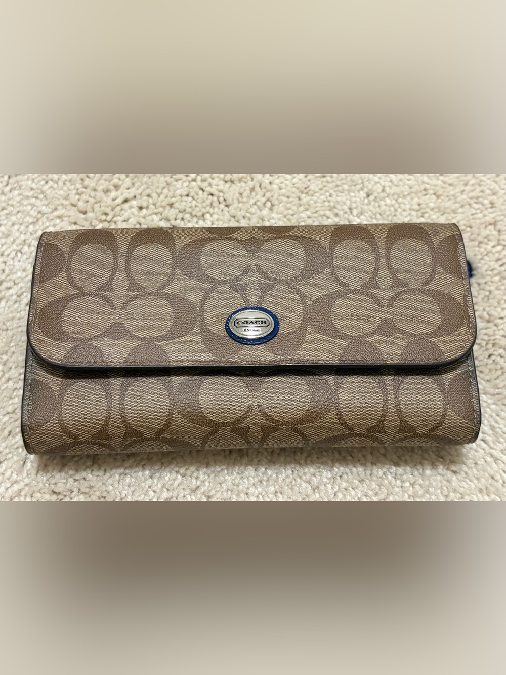 Coach Signature Vintage Leather Canvas Checkbook Wallet Brown with Blue Interior